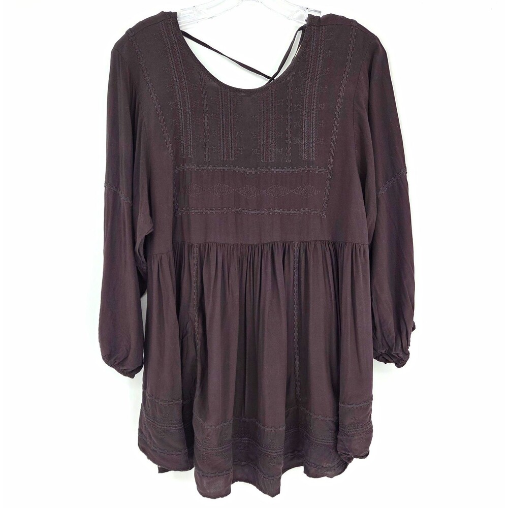 Altar'd State Boho Embroidered Babydoll Long Sleeve Blouse Medium Peasant Gray
